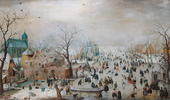 Хендрик Аверкамп. Зимний пейзаж с конькобежцами. 1608